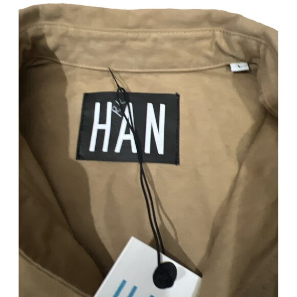 HAN Kjobenhavn Mens size LARGE tan cotton denim button front work shirt - Picture 2 of 6